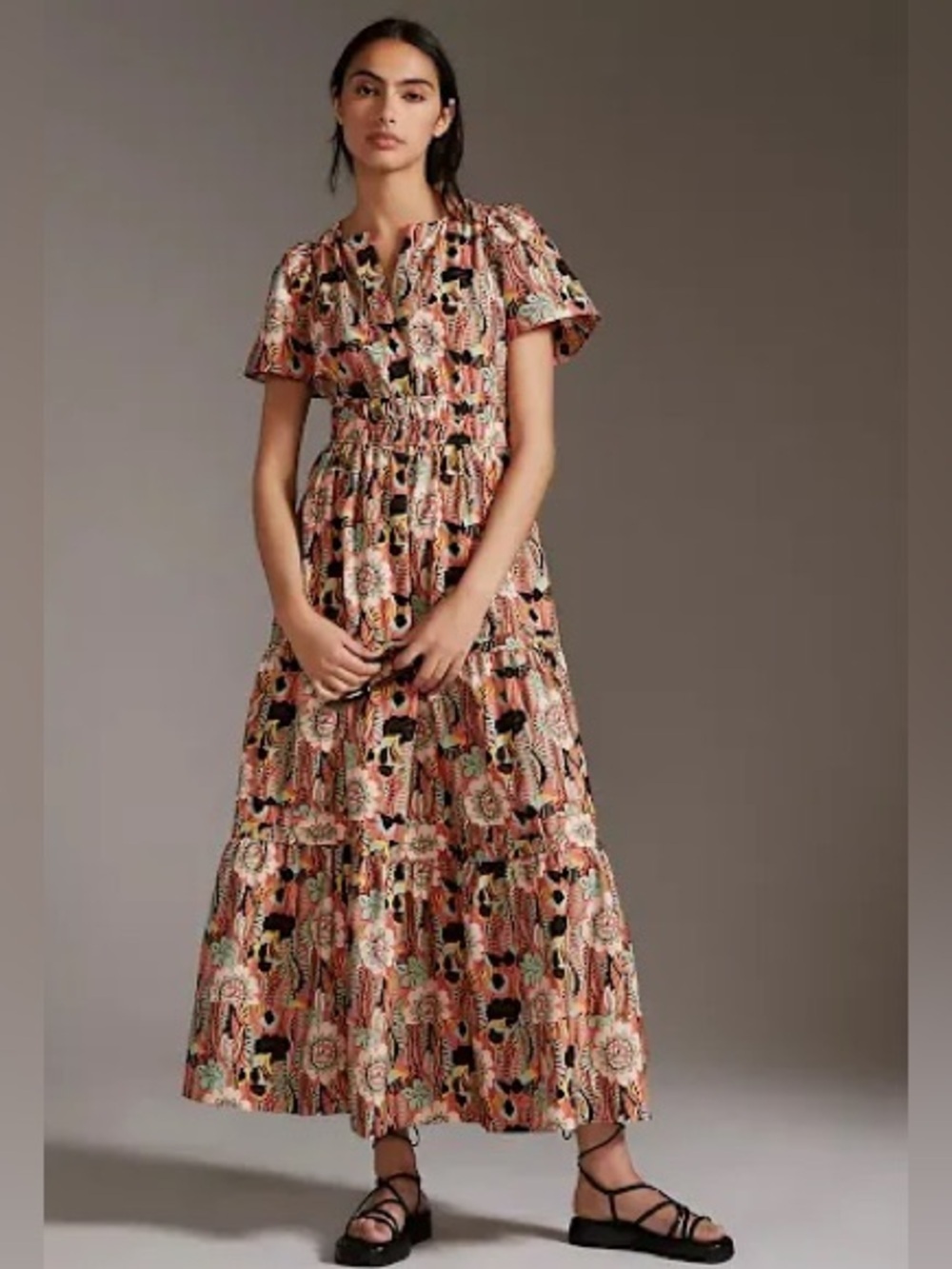 Anthropologie Maeve Somerset Maxi Dress Botanical Garden Smocked Sz M EUC Boho